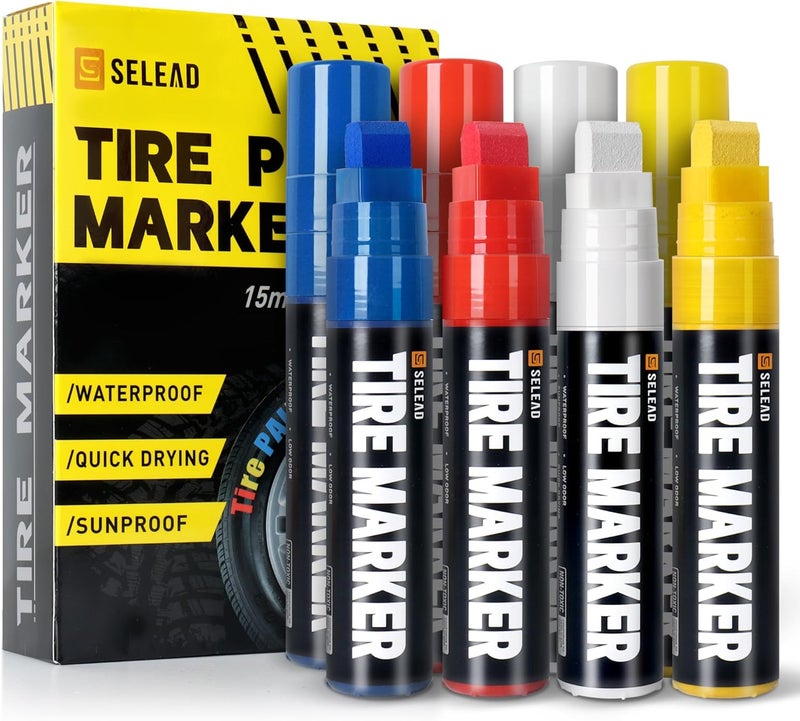 SELEAD Jumbo Tire Marker White Red Yellow Blue - 8 Pack 15mm Wide Tip Paint Pens for Car Tires Lettering, Large Capacity Premium Ink Waterproof Colored Permanent Markers - Image 1